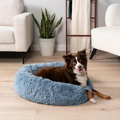 PetAmi Calming Dog Bed for Small & Medium Dogs and Cats, 30” Round Donut Dog Bed, Washable Fluffy Faux Fur Puppy & Cat Bed, Anti-Anxiety Plush Cuddler Pet Bed with Anti-Slip Bottom - Blue