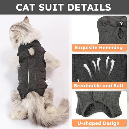 Hpetppy Cat Recovery Suit for Spay Abdominal Wounds, Kitten Onesie Bodysuit for Cats After Surgery, Cat Surgery Recovery Suit Female Cone of Shame Alternative for Cats Anti Licking (Dark Grey M)