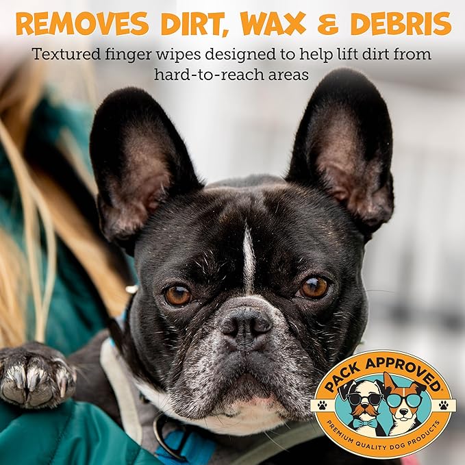 Pack Approved Finger Ear Wipes for Dogs with Aloe Vera and Eucalyptus - Convenient, Extra-Coverage, and Large Design Dog Ear Cleaning Wipes - Removes Wax and Freshens Ears - 50 Wipes