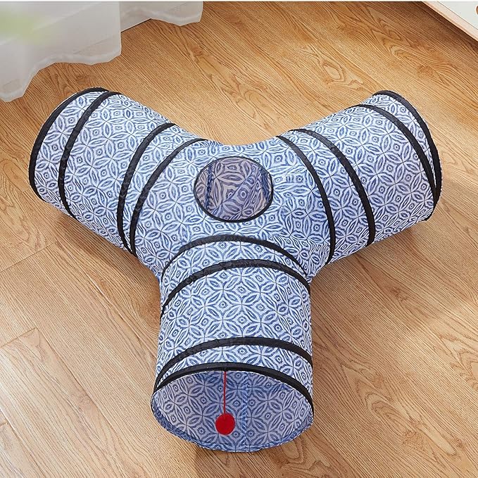 Tempcore 3 Way Collapsible Cat Tunnel for Indoor Cats, Pet Tunnel Bored Toys with Peek Hole & Ball for Puppy, Kitty, Kitten, Rabbit, Blue-Coin