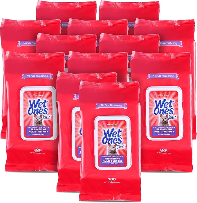 Wet Ones for Pets Freshening Multipurpose Wipes for Cats with Aloe Vera, Fresh Scent - Easy to Use Cat Cleaning Wipes for Pet Grooming, 100 Count - 12 Pack