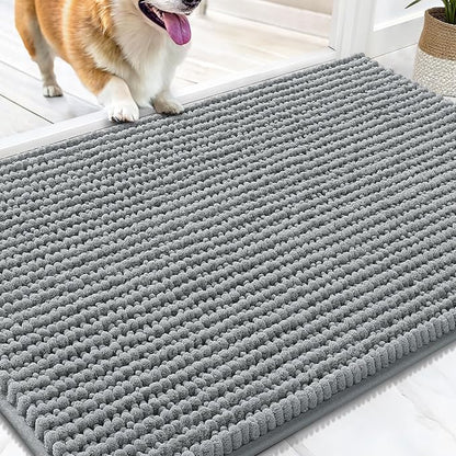 OLANLY Dog Door Mat for Muddy Paws 34x21, Ultra Absorbent Chenille Mud Doormat, Non-Slip Washable and Dirt Trapping Doormat for Indoor Entryway, Quick-Dry Indoor Pet Bed Mats for Dogs, Grey