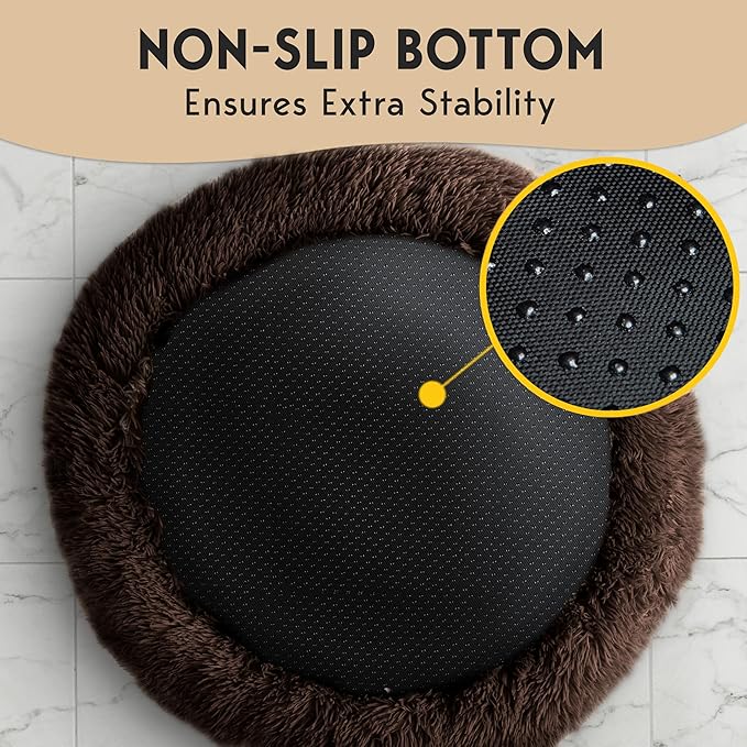 PetJett Calming Dog Bed for Small Dogs – 23" Donut Dog Beds, Anti-Slip & Washable Fluffy Plush Faux Fur Pet Bed, Anti-Anxiety Premium Comfort Round Puppy Bed, Fits Dogs up to 25 lbs – Brown