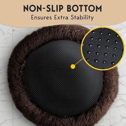 PetJett Calming Dog Beds Large Sized Dog - 36'' Round Bed, Anti-Slip & Washable Super Soft Donut Bed, Fluffy Faux Fur Anti-Anxiety Premium Comfort Pet Bed, Fits Dogs up to 80 lbs - Brown