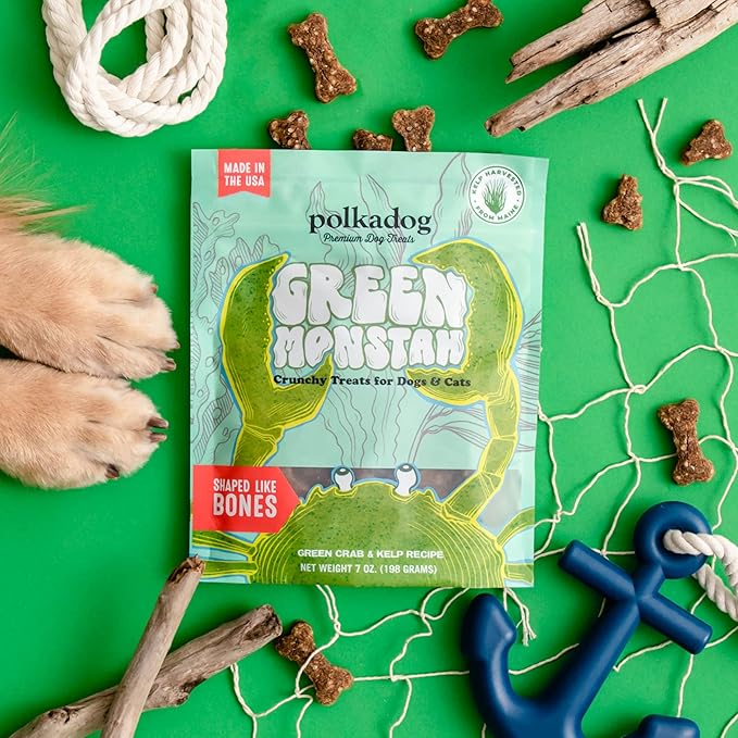 Polkadog Green Monstah Bone Shaped Dog Treats – Crunchy, All Natural, Limited Ingredient Healthy Treats. Handcrafted & Made in USA. Made with Kelp & Green Crab, High in Omega-3, Hypoallergenic – 7oz