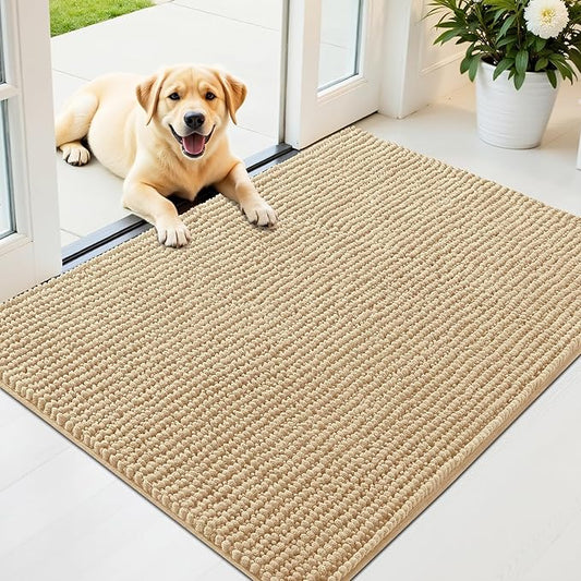 OLANLY Dog Door Mat for Muddy Paws 40x32, Ultra Absorbent Chenille Mud Doormat, Non-Slip Washable and Dirt Trapping Doormat for Indoor Entryway, Quick-Dry Indoor Pet Bed Mats for Dogs, Beige