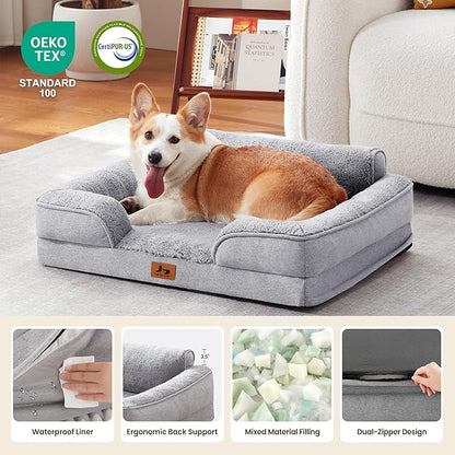 Warmrest Orthopedic Dog Beds for Medium Size Dogs, Waterproof Egg-Crate Foam Pet Couch Bed with Soft Sides, Non-Slip Dog Sofa with Fleece Removable Washable Cover, 28"L Supportive Pet Sofa, Light Grey