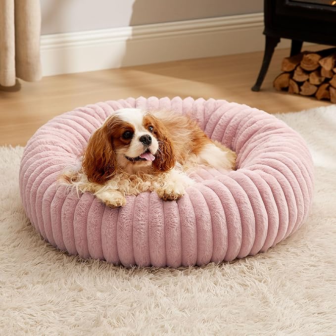 Bedsure ComfyFleece Donut Medium Dog Bed - Washable Faux Fur with Corduroy Fleece & Anti Slip Bottom, Round Pet Bed with Removable Cover, Blush Pink, 30x30x8 inches