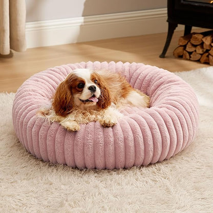 Bedsure ComfyFleece Donut Medium Dog Bed - Washable Faux Fur with Corduroy Fleece & Anti Slip Bottom, Round Pet Bed with Removable Cover, Blush Pink, 30x30x8 inches