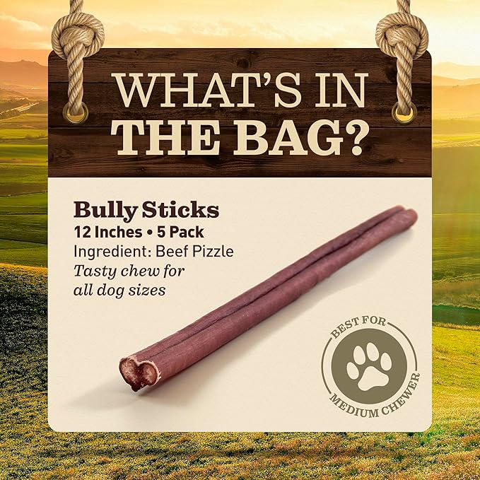 Pet Odor-Free Bully Sticks (12", 5 Pack) – 100% Grass-Fed Beef Pizzle Dog Chews, Fully Digestible & Long-Lasting Dental Treats