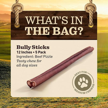Pet Odor-Free Bully Sticks (12", 5 Pack) – 100% Grass-Fed Beef Pizzle Dog Chews, Fully Digestible & Long-Lasting Dental Treats