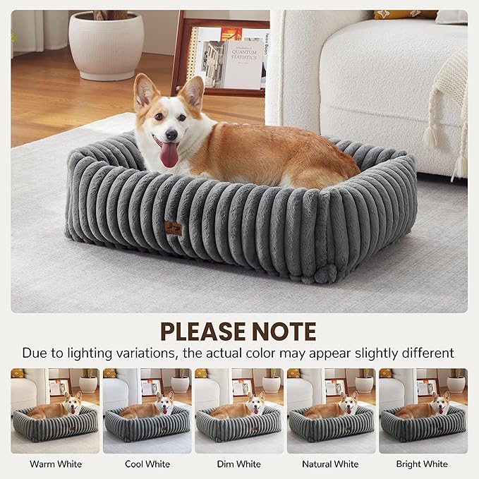 Warmrest Washable Dog Bed for Small Medium Dogs - Rectangle Orthopedic Corduroy Fleece Pet Bed with Removable Cover and Nonskid Bottom, Calming Puppy Bed Soft Pet Sofa, Grey(30x24x8inchs)