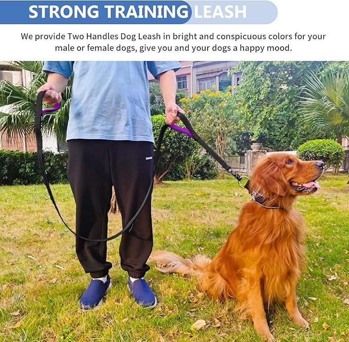 Strong Heavy Duty Dog Leash - 4ft Reflective Nylon Training Leash with Soft Padded Double Handle & Auto Lock Frog Clip - Safety Traffic Control for Large Medium Small Dog No Pull Walk Black Purple,4ft