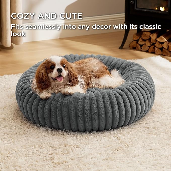 Bedsure ComfyFleece Donut Medium Dog Bed - Washable Faux Fur with Corduroy Fleece & Anti Slip Bottom, Round Pet Bed with Removable Cover, Warm Grey, 30x30x8 inches