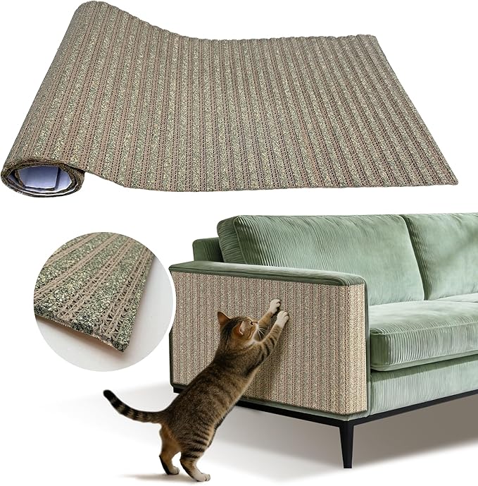 Natural Cork Cat Scratcher Mat, Self-Stick & Trimmable Furniture Protector for Couch, Door, Wall & Bed Corner, Claw-Friendly for Indoor Cats (Catnip Green, 39.4 x 11.8 Inch)