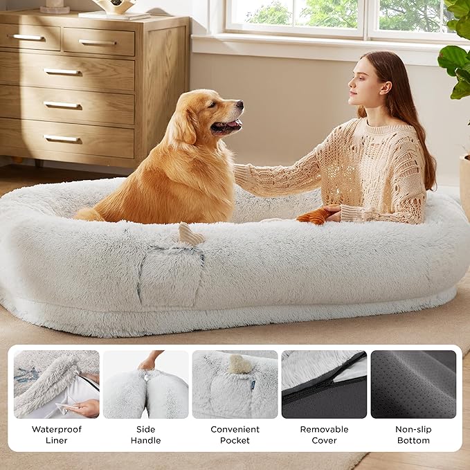 Bedsure Calming Human Dog Bed, 71" x 44" x 12" Giant Human Dog Bed for Adults People Fits Pet Families with Storage Pocket, Fluffy Faux Fur Orthopedic Pet Bean Bed, Frost Grey