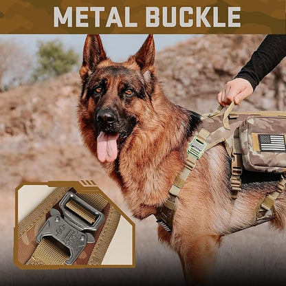Forestpaw Tactical Dog Harness Tactical Dog Collar with Bungee Leash Set,No Pull Military Dog Harness for Walking Training,Adjustable for Medium Large Dogs,Camouflage Brown,Chest 19.5-41.5"