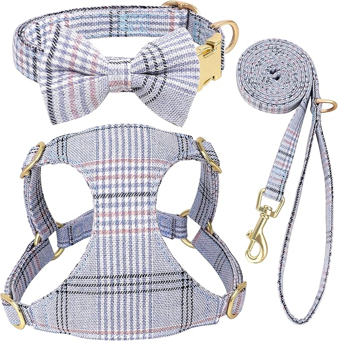 Beirui Cute Extra Small Dog Harness Collar and Leash Set with Bowtie, Soft Adjustable Plaid Puppy Harness for Small Sized Dogs Cats Walks Parties and Photoshoots(Blue,XXS:Chest 12-14")