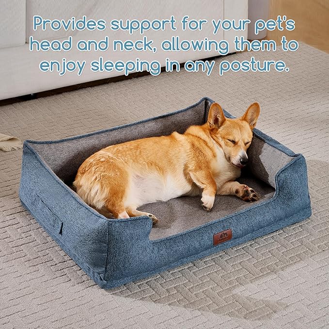 Hollypet Orthopedic Rectangle Dog Bed for Medium Dogs, Supportive Egg-Crate Foam Pet Beds with Removable Washable Waterproof Cover and Non-Slip Bottom, Blue, 32" L x 24" W x 8.5" Th
