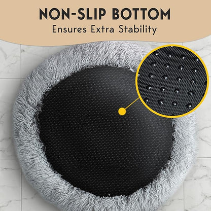 PetJett Calming Dog Beds Large Sized Dog - 36'' Round Bed, Anti-Slip & Washable Super Soft Donut Bed, Fluffy Faux Fur Anti-Anxiety Premium Comfort Pet Bed, Fits Dogs up to 80 lbs - Bright Grey