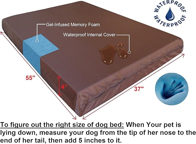 Dogbed4less Orthopedic Gel Memory Foam Dog Bed for Large Dog, Waterproof Liner and Durable Pet Bed Cover, XXL 55X37X4 Inch, 1680 Nylon in Brown.