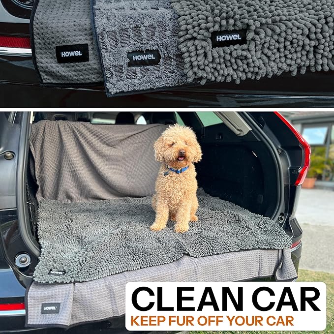 HOWEL Throw Down Towel for Drying Dogs, 43" x 35", Ultra Absorbent Microfiber, Quick-Drying, Double-Sided Suede Chenille, Machine Washable, Soaks Over 2L, Grey Dog Bath Mat Towel