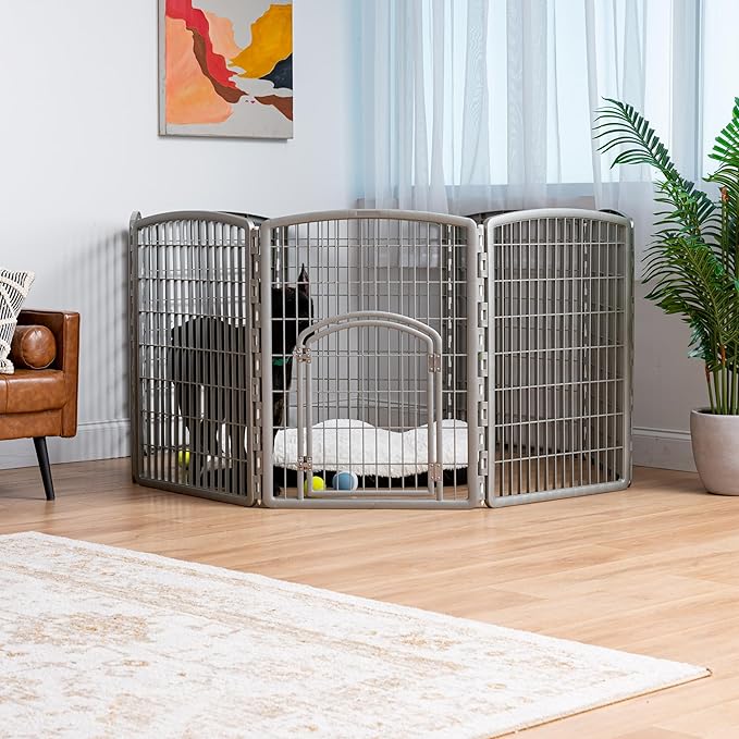 IRIS USA 34" 8-Panel Pet Dog Puppy Playpen with Door, Indoor/Outdoor Dog Pen, 63 x 63 x 34, Foldable, Customizable, Chrome
