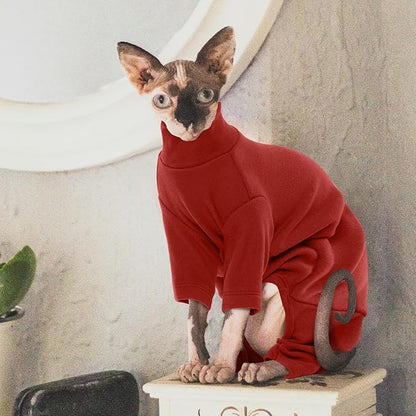 ROZKITCH Hairless Cat Clothes, Breathable Soft Cat Jumpers for Cats Only, Cat Coat with Four Legs, Warm Cat Sweater Cat T-Shirt Cat Pajamas Jumpsuit Vest Cornish Rex Devon Rex Peterbald Red XL