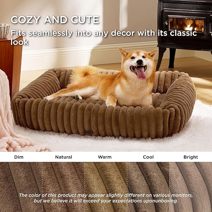 Bedsure ComfyFleece Cute Dog Bed for Large Dogs - Washable Furry Puppy Beds, Rectangle Orthopedic Corduroy Fleece Pet Beds with Removable Zipper Cover, 36x27x8inches, Camel Brown