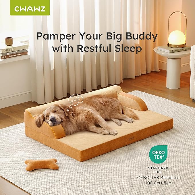 CWAWZ Large Orthopedic Dog Bed, Pet Bed Large Size Dog, Dual-Sided Cooling Beds with Memory Foam Washable Cover Nonslip Bottom, Waterproof Pet Beds with Bolsters, Brown
