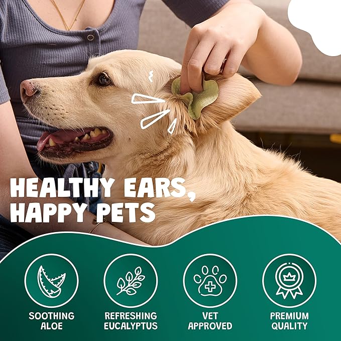 Dog Ear Wipes for Dogs | Extra Thick with Aloe Vera & Eucalyptus | 250 Count | Hypoallergenic Ear Cleaner for Dogs with Pearl Texture for Deeper Clean