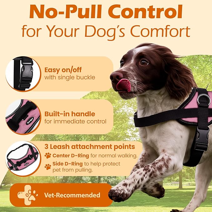 Bark Appeal Light Pink No-Pull Dog Harness for Extra Large Sized Pets – Adjustable, Reflective Vest with 3 Leash Clips for Added Control, Easy Walks & Training – XXL