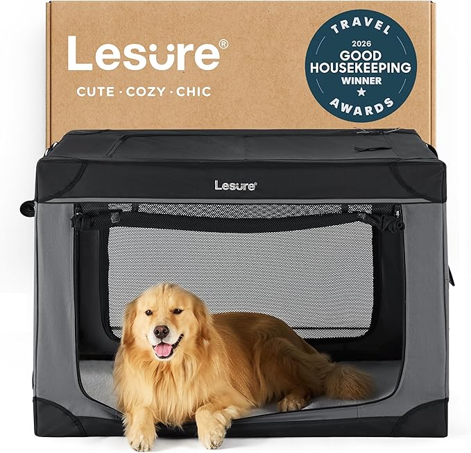 Lesure Shown on TODAY Show Soft Collapsible Dog Crate - 42 Inch Portable Travel Crate for Extra Large Dogs Indoor & Outdoor, 4-Door Foldable Pet Kennel with Mesh Windows, Black