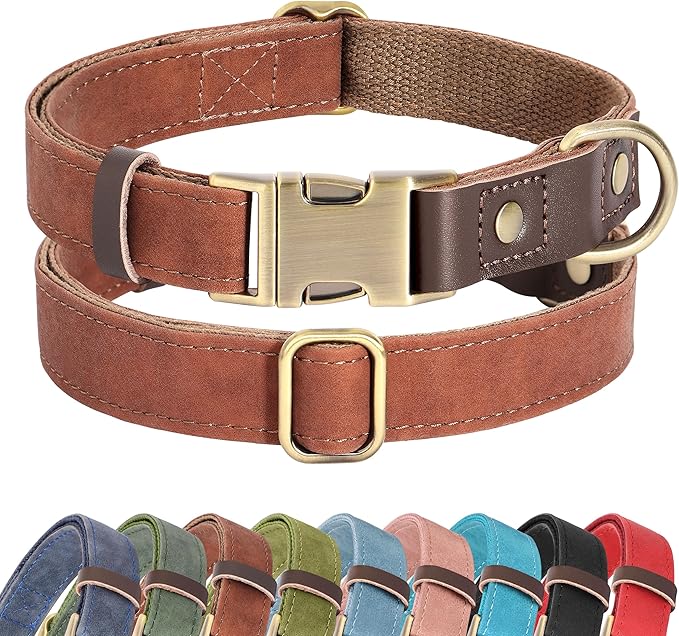 Didog Soft PU Leather Dog Collars for Medium Dogs,Classic Adjustable Dog Collars with Quick Release Metal Buckle,Easy Clean and Comfortable with Nylon Lining,Reddish Brown,M Neck 14-19"
