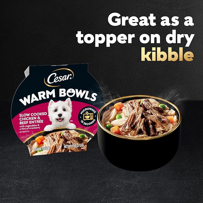 Cesar Warm Bowls Wet Dog Food Chicken & Beef Entrée with Vegetables & a Hint of Cranberry in Broth, Wet Food for Dogs, 2.7 oz Bowls, 10 Count