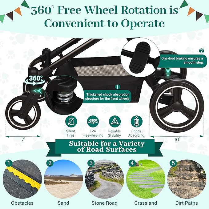 Foldable Double Pet Stroller for 2 Small Medium Cats or Dogs, Lightweight Single and Double Integrated Pet Stroller with Detachable Carriers