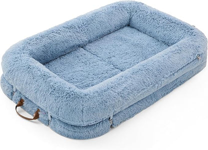 LE SURE Foldable Human Dog Bed - 3 in 1 Flexible Giant Human Dog Bed for Adult People with Supportive Bolster Egg Foam, Waterproof Liner, Calming Fluffy Faux Fur Orthopedic Big Bean Bed, Baby Blue