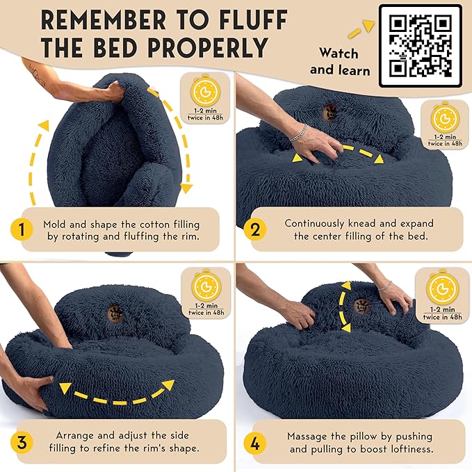 PetJett Calming Dog Beds Large Sized Dog - 36'' Round Bed, Anti-Slip & Washable Super Soft Donut Bed, Fluffy Faux Fur Anti-Anxiety Premium Comfort Pet Bed, Fits Dogs up to 80 lbs - Dark Grey