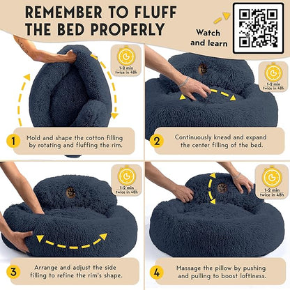 PetJett Calming Dog Beds Large Sized Dog - 36'' Round Bed, Anti-Slip & Washable Super Soft Donut Bed, Fluffy Faux Fur Anti-Anxiety Premium Comfort Pet Bed, Fits Dogs up to 80 lbs - Dark Grey