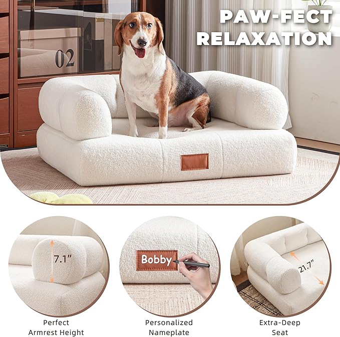 ATJafurn White Faux Shearling Dog Couch Bed for Large Dogs Under 70 lbs, 33.9 Inch Modern Tufted Elevated Dog Sofa with Leather Nameplate, Indoor Furniture Style Cute Raised Pet Sofa Bed (Large)