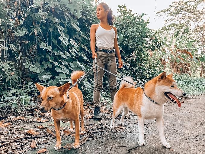 Tuff Pupper Heavy Duty Hands Free Dog Leash | Two Small/Medium Dogs Up to 90 lbs | Comfortable Shock Absorbing Bungee | Reflective Padded Handles | Lumbar Waist Belt 26-38" | Jogging Running Leash