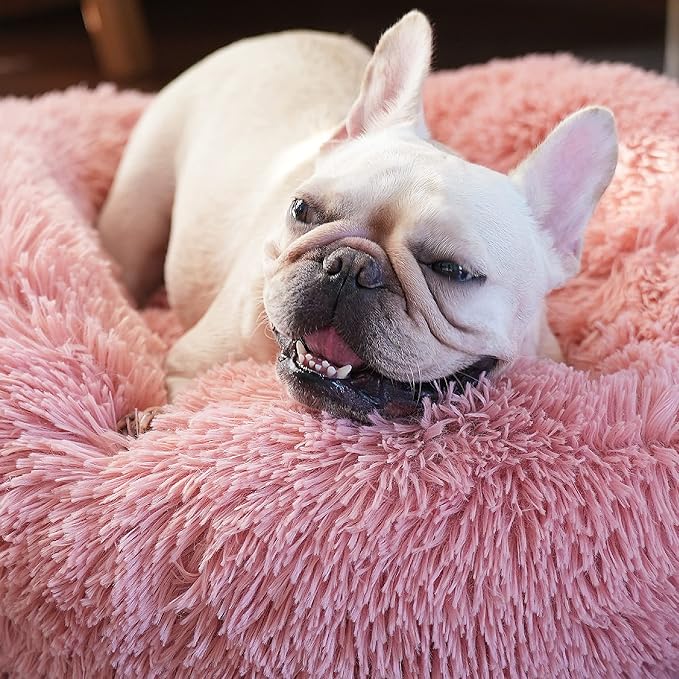 Calming Donut Dogs Beds for Small Dogs Washable,23inch Plush Round Pet Bed for Cozy Sleep,Fluffy Faux Fur Large Cat Bed,Fits up to 25 lbs Pets,Pink