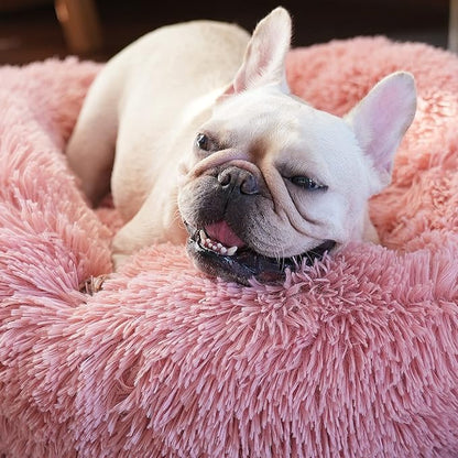 Calming Donut Dogs Beds for Small Dogs Washable,23inch Plush Round Pet Bed for Cozy Sleep,Fluffy Faux Fur Large Cat Bed,Fits up to 25 lbs Pets,Pink