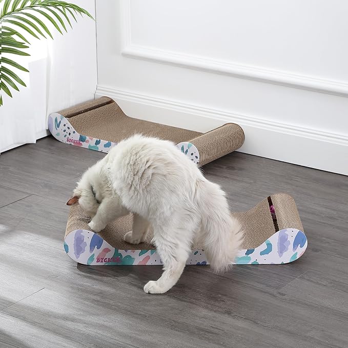 The LICKER Store CSR1003A-SET2 Rini 23.75" Modern Cardboard Lounge Bed Cat Scratcher with Built-in Bell Toys and Catnip, White/Multi (Set of 2)