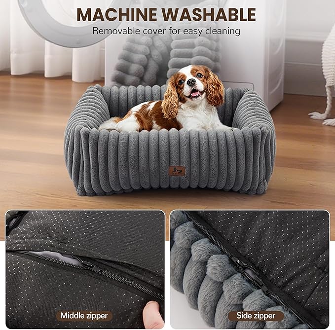 Warmrest Washable Dog Bed for Small Medium Dogs - Rectangle Orthopedic Corduroy Fleece Pet Bed with Removable Cover and Nonskid Bottom, Calming Puppy Bed Soft Pet Sofa, Grey(25x21x7inchs)