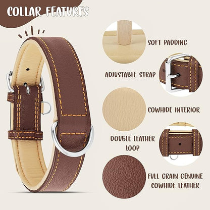 Riparo Adjustable Leather Dog Collar - Heavy Duty Wide Dog Collar for Small, Medium, Large and Extra Large Dogs with Dog Tag Holder (XXL: 2” Wide for 24”-29” Neck, Brown)