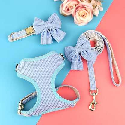 Didog Cute Small Dog Harness Collar and Leash Set with Bowtie, Breathable Soft Mesh Padded Puppy Harness, Dog Harness for Small Dogs Daily Walks Parties, Holiday Gatherings & Gifts, Blue, S