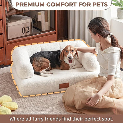 ATJafurn White Faux Shearling Dog Couch Bed for Large Dogs Under 70 lbs, 33.9 Inch Modern Tufted Elevated Dog Sofa with Leather Nameplate, Indoor Furniture Style Cute Raised Pet Sofa Bed (Large)