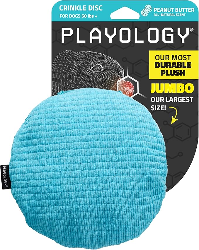 Playology Dog Toys | Plush Toy Crinkle Disc for Dogs | Jumbo Peanut Butter Scented Toy - Easy to Clean and Made from Non Toxic Materials