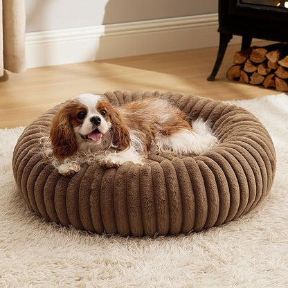 Bedsure ComfyFleece Donut Medium Dog Bed - Washable Faux Fur with Corduroy Fleece & Anti Slip Bottom, Round Pet Bed with Removable Cover, Camel Brown, 30x30x8 inches